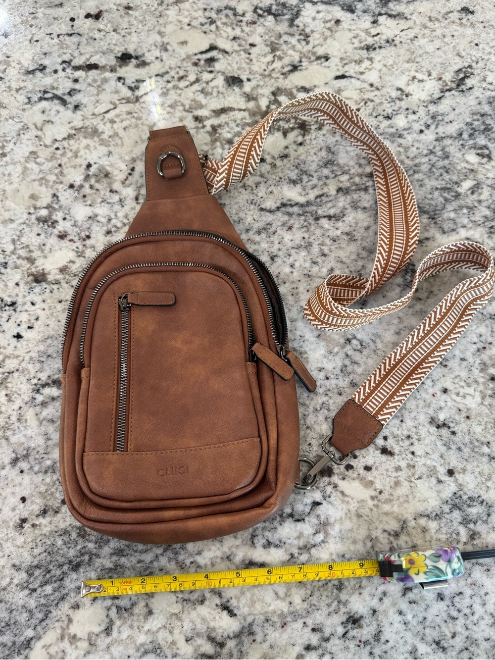 Cluci Brown Faux Leather Belt Bag with Patterned Strap